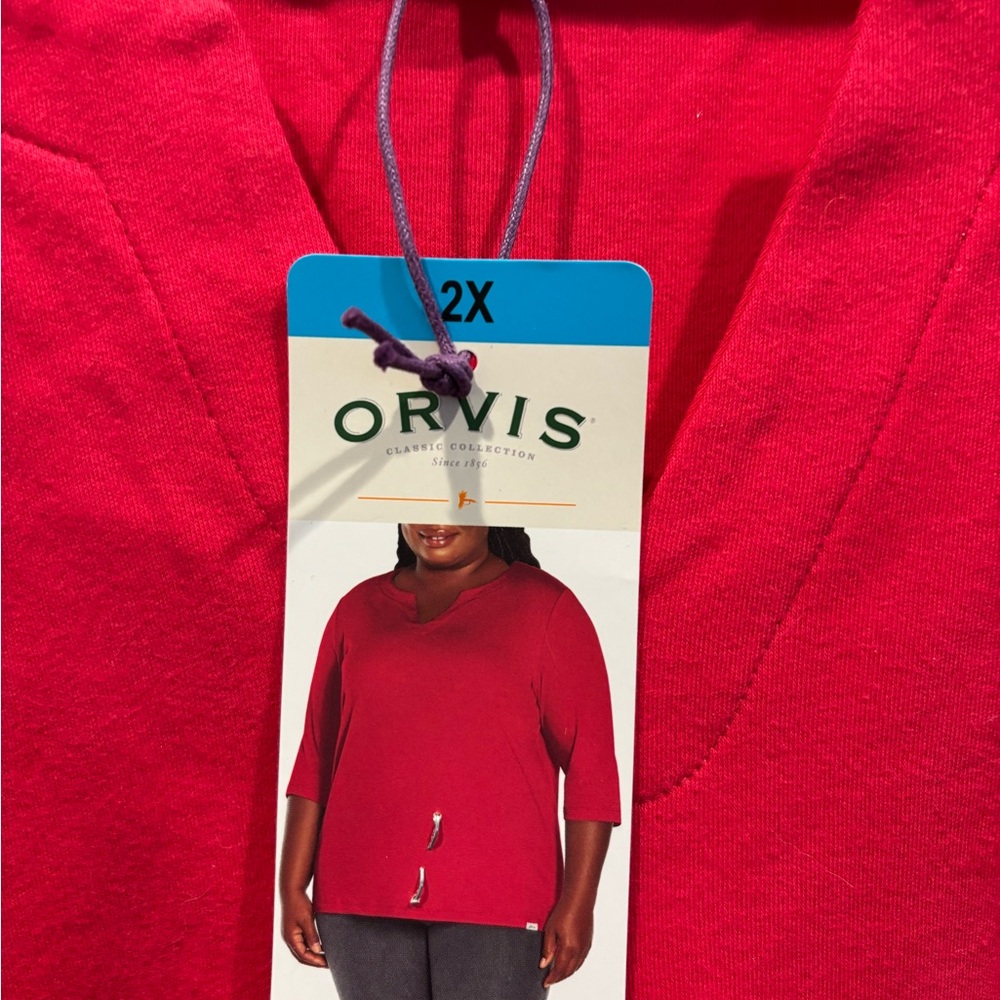 Orvis Women's Vibrant Red V-Neck 3/4 Sleeve Sweater - 2X